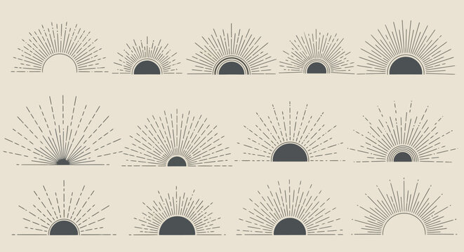 Collection of sunburst and sunrise graphic elements in beige and gray.