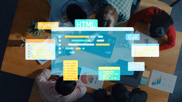 A diverse team of programmers collaborates in a modern workspace, utilizing various coding languages for software development, brainstorming ideas, and enhancing technology skills. Trope - Powered by Adobe