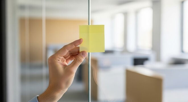 Hand placing a yellow sticky note on a glass wall in a modern office with blurred background to brainstorm ideas for project
