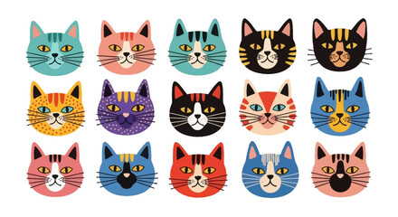 Obraz premium Collection of colorful cat faces with different patterns and colors, cartoon style.