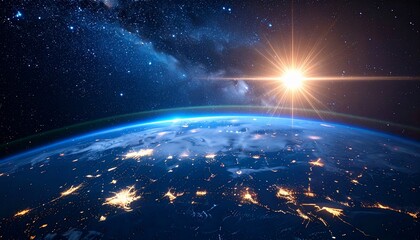 Stunning view of Earth from space with radiant sunlight and starlit universe backdrop