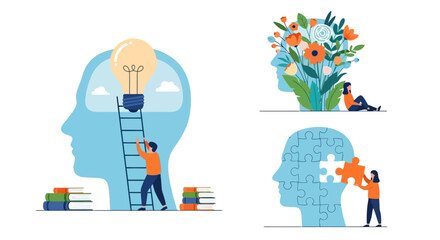 Conceptual illustrations depicting mental health, ideas, and problem-solving with human heads, light bulbs, flowers, and puzzle pieces.