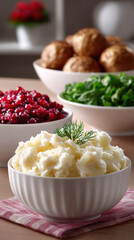 Holiday dinner side dishes including mashed potatoes and cranberry sauce