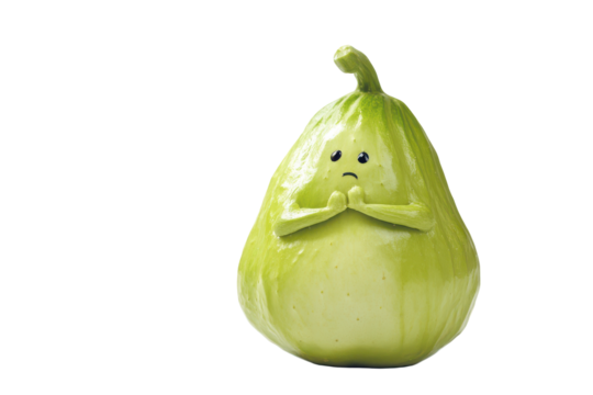Sad pear character with hands together isolated on transparent background.