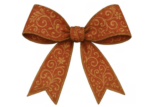 Red bow with gold floral pattern, decorative ribbon for christmas, holiday, and celebration gift wrapping