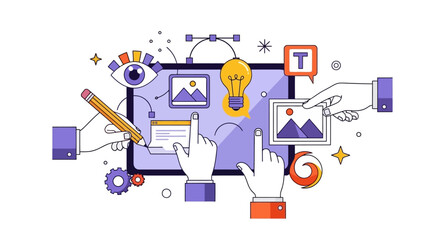 Illustration of graphic design process with hands, images, lightbulb, and tools on a digital tablet.