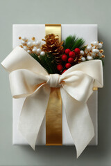 White gift box with bow and christmas decorations