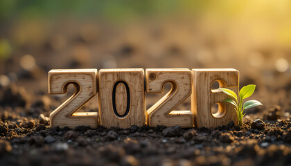 Symbolic representation of the year 2025 with wooden blocks set on fertile soil, accompanied by a vibrant green sprout, embodying growth, renewal, and a sustainable future