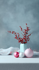 Red berries in vase with holiday ornaments