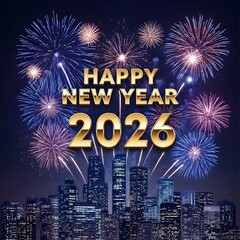 Spectacular new year 2026 fireworks display illuminating a modern city skyline at night