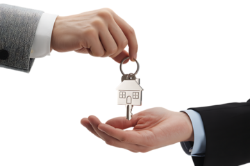 Real estate agent's hand giving house keys to a new homeowner. Isolated on transparent background, png
