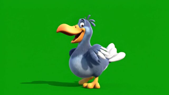 Happy 3D Cartoon Dodo Bird Standing and Smiling on Green Screen