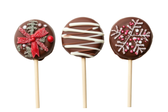 Chocolate cake pops with decorative swirls and sprinkles isolated on transparent background. Christmas chocolate lollipops isolated on white background.