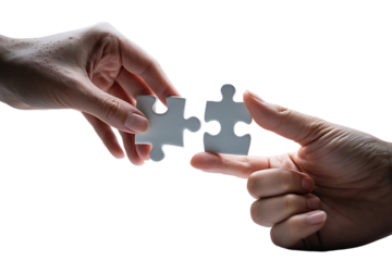 Hands connecting two white jigsaw puzzle pieces for a teamwork solution. Isolated on transparent background, png