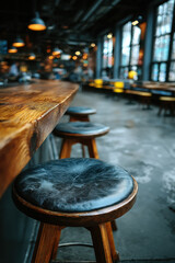 Empty bar counter with stools ready for customers