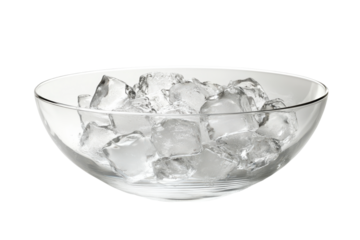 Clear glass bowl filled with ice cubes isolated on transparent background. Clear bowl filled with ice cubes set isolated on white background.