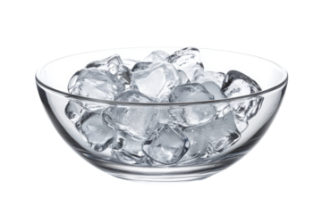 Clear glass bowl filled with ice cubes isolated on transparent background. Clear bowl filled with ice cubes set isolated on white background.