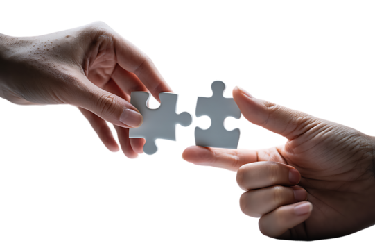 Hands connecting two white jigsaw puzzle pieces for a teamwork solution. Isolated on transparent background, png
