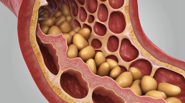 3D medical illustration of atherosclerosis showing cholesterol plaque buildup occluding a human blood vessel