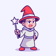 Angry Wizard Boy Holding Star Wand Casting Spell Cartoon Illustration