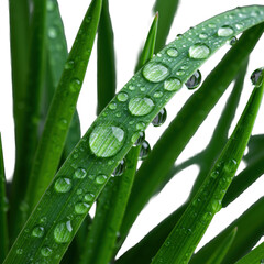 Lush emerald green grass blades with glossy, shimmering dew drops, isolated on transparent background, hyper-detailed macro close-up, sharp focus, cinematic lighting, concept of perfection nature and