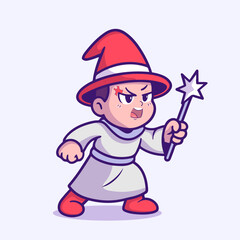 Angry Cartoon Wizard Boy Casting Spell with Magic Wand and Red Hat