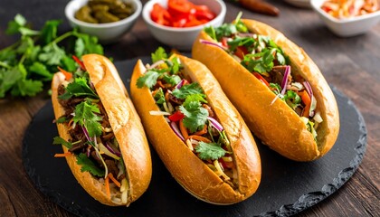 Close-up of three delicious banh mi sandwiches with fresh vegetables and herbs