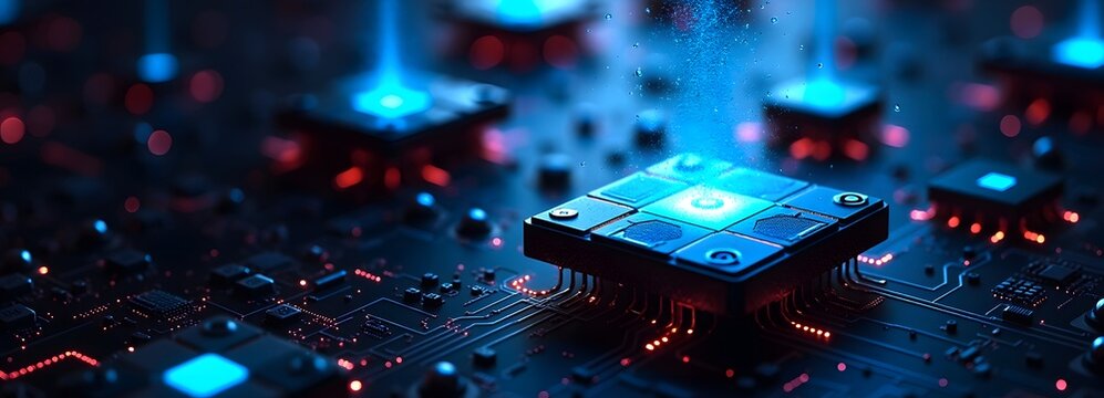 The future of emerging technologies: Intelligence in robotics and data. Futuristic High-Tech Image of Floating Data Particles Above Chips