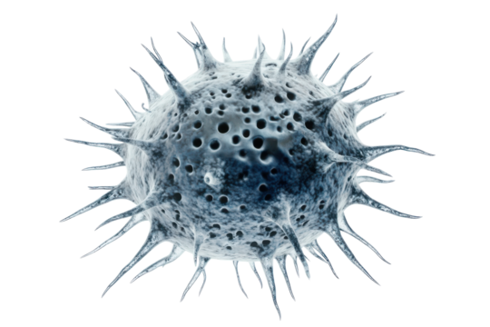 Detailed 3d rendering of a virus particle with spikes isolated on transparent background. Close up view of a biological cancer cell isolated on white background.
