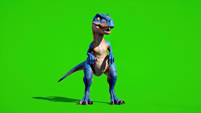 Cute Blue Cartoon Dinosaur Standing on Green Screen - 3D Rendered Character