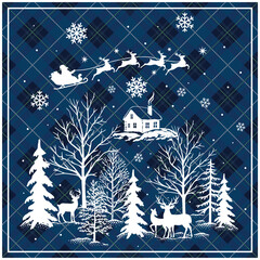 Christmas Snowy Scene with Santa Claus and Reindeer on Blue Tartan Plaids. Christmas gift wrapping paper-  Christmas snowy scene Vector Illustration