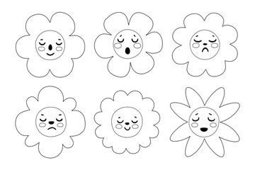 Black and White Vector Coloring Page with Cartoon Flowers Showing Different Emotions, Simple Line Art Illustration for Kids, Cute Floral Characters with Expressive Faces, Fun Printable Activity