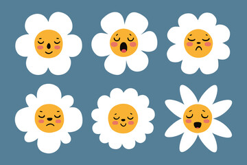 Cute Cartoon Daisies with Different Facial Expressions - Vector Illustration of White Petal Flowers Showing Emotions on Blue Background, Adorable Floral Characters in Flat Minimalist Style for Kids