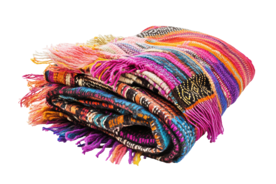 Colorful woven textile blanket with fringe isolated on transparent background. Colorful handmade loom weaving bundle displayed isolated on white background.
