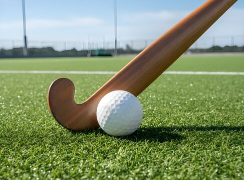 Field hockey stick and ball on green turf