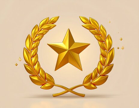 Golden star inside a laurel wreath, rendered with shine and shadows