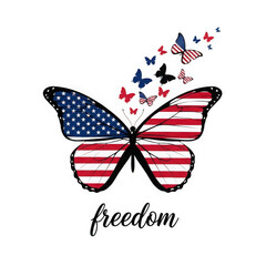 Butterfly with american flag wings and small butterflies flying away, isolated on transparent background