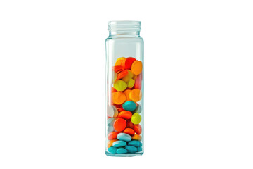 Clear glass vial filled with colorful candy isolated on transparent background. Colorful pills in a clear glass bottle isolated on white background.