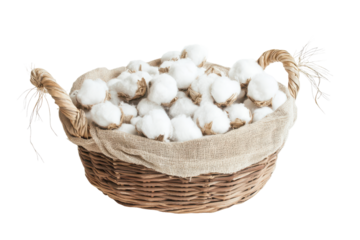 Woven basket filled with fresh cotton bulbs isolated on transparent background. Cotton in the basket isolated on white background.