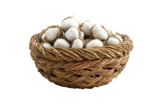 Woven basket filled with fresh cotton bulbs isolated on transparent background. Cotton in the basket isolated on white background.