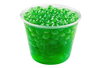 Green tapioca pearls in a clear cup isolated on transparent background. Delicious bubble with tapioca pearls served in clear cup isolated on white background.