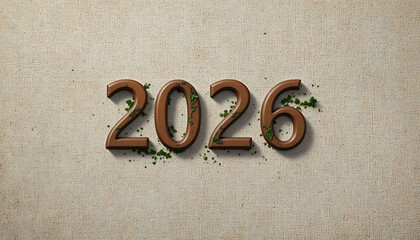 Natural 2026 A captivating 3D render depicting the year 2026 with organic brown numbers, textured with green vines and foliage, symbolizing growth and a fresh start
