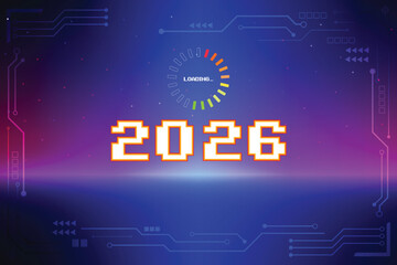 LOADING 2026. pixel art. 8 bit. Retro Futurism Sci-Fi Background. glowing neon grid and star from vintage arcade computer games