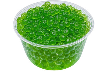 Green tapioca pearls in a clear cup isolated on transparent background. Delicious bubble with tapioca pearls served in clear cup isolated on white background.