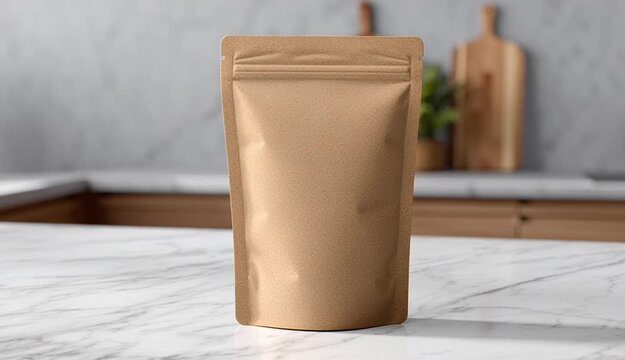 Brown kraft stand-up pouch mockup on white marble surface in kitchen interior with soft light for product branding or packaging design presentation.