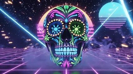 Vibrant Neon Calavera Sugar Skull Gliding Through a Retro 80s Synthwave Gridscape Animation.