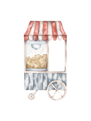 Amusement park. Watercolor hand-drawn illustration with popcorn cart. Cute theme park drawings for kids. For design baby shower, birthday and nursery.