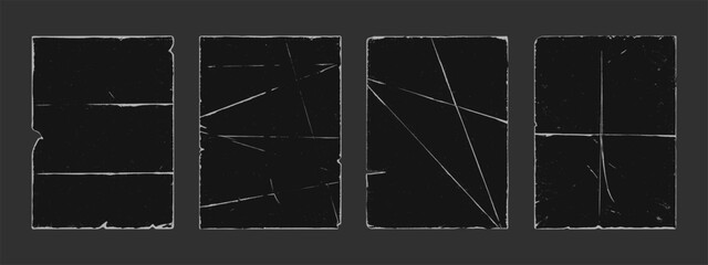 Old retro style paper fold texture black grunge punk overlay vector illustration set. Vintage dark cover dirty scratched folded paper sheet collection grain noise rough effect distress corner template