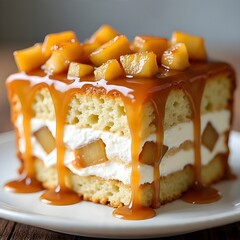 carrot-apple cake slice with multiple soft yellow sponge cake layers filled with smooth white cream