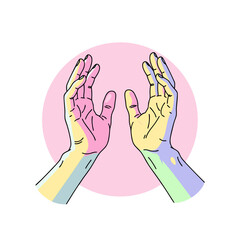 Colorful hands reaching out in playful gesture against pink background  